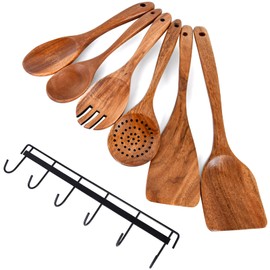 6x Large Wooden Spoons for Cooking Kitchen Utensil Set Smooth Finish Wooden Cooking Utensils Spoons Filter Spoon and Salad Fork Accessories+1x Kitchen Hooks for Hanging Utensils Rack
