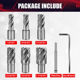 wesleydrill 8PCS Annular Cutter Set,Magnetic Drill Press Bits,1" Cutting Depth,3/4" Weldon Shank,M2AL HSS with Pilot Pin and Hex Wrench,1/2"-1-1/16" Cutting Diameter