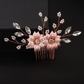 Teyglen Flower Wedding Hair Comb Handmade Gold Crystal Headpieces Bridal Pearl Rhinestone Hair Side Comb Bridal Hair Accessories for Bride Gold Silver Hair Pieces for Women Flower Girls (Rose Gold)