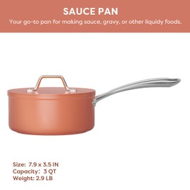 CIARRA Nonstick Sauce Pan, 3 QT Ceramic Sauce Pan with Lid, Non Toxic, PTFE & PFOA Free, Oven Safe & Compatible with All Stovetops, Orange