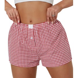 NUFIWI Women Y2K Lounge Shorts Micro Button Boxers Elastic Waist Cute Pj Bottoms Elastic Waist Baggy Boxers Shorts(A Micro Red,Small)