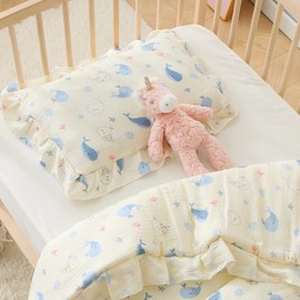 Cloucl 100% Cotton Muslin Toddler Pillowcase 2 Pack，13"x 18" Ultra Soft Breathable Travel Pillow Case Cover,Ruffle Pillow Case for Newborn,Nursery,Boys,Girls,Machine Washable