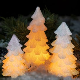 Yongmao Glittering White Christmas Tree Shaped Flickering Flameless Candles with Timer, Real Wax Battery Operated LED Candles for Christmas Home Party Decoration Christmas Gift (Set of 3)