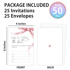 Crocothemis Pink Bow Bridal Shower Invitations With Envelopes, She's Tying The Knot, Set of 25 Invitations For Bridal Shower, Engagement Party, Wedding Party, Bride-To-Be Party Favors & Supplies -A18