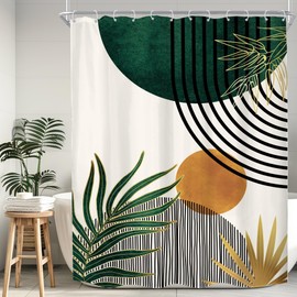 KOMLLEX Mid Century Green Boho Shower Curtain 54Wx78L Inches Abstract Modern Shower Curtains for Bathroom Decor Plant Botanical Minimalist Leaf Arch Sun Fabric Liner Waterproof Polyester 12 Pack Hooks