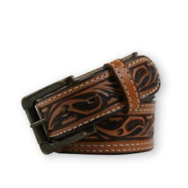 R.G. BULLCO - 1-1/2" to 1-3/4" Tapered Full Grain Leather Belt with Double Edge Stitch and Roller Buckle - Tan/Black - Size 30 - RGB-4553