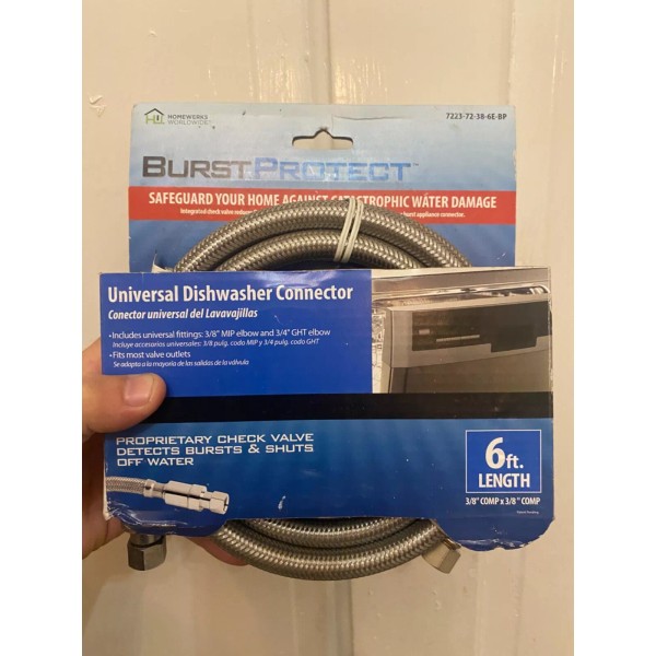Homewerks Universal Dishwasher Supply Line 6 Foot 3/8" Stainless Connector