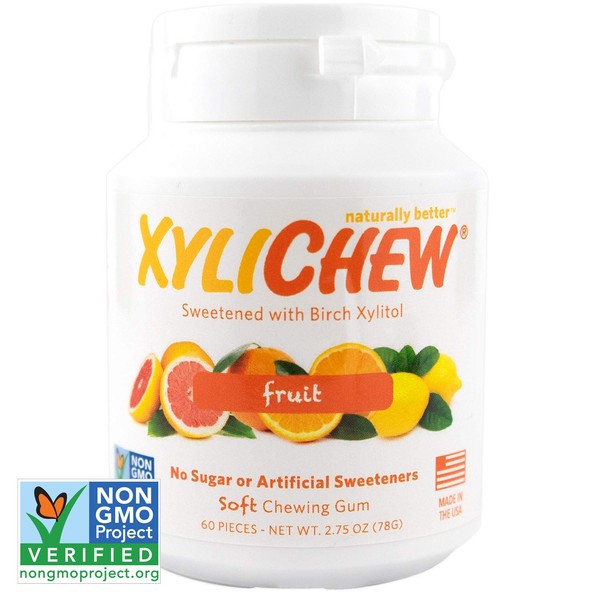 Xylichew 100% Xylitol Chewing Gum Jar - Non GMO, Gluten, Aspartame, and Sugar Free Gum - Natural Oral Care, Relieves Bad Breath and Dry Mouth - Fruit, 60 Count (Pack of 1)