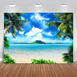 Summer Beach Theme Backdrop Hawaiian Ocean Blue Sky Seaside Tropical Palm Trees Luau Background Birthday Party Decor Banner 8x6ft
