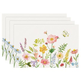 Bonhause Spring Floral Placemats Set of 4, 12x18 Inch Watercolor Flower Butterfly Seasonal Kitchen Dinning Table Mats Washable Place Mats for Indoor Outdoor Home Party Decor