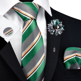 GUSLESON 3.15"（8cm） Mens Stripe Tie and Lapel Pin Necktie Hankerchief Cufflinks Set for Men, Green / Orange / White, general