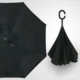 Double Reverse Umbrella Fiber Waterproof Light Weight Inverted Umbrella with C Shaped Handle Black