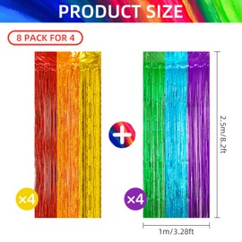 8 Pack Rainbow Foil Fringe Curtains Rainbow Party Decorations 3.3ft x 6.6ft Fringe Backdrop Metallic Tinsel Streamers Photo Booth for Birthday Party Baby Shower Decor (4 Set)