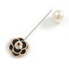 Vintage Inspired Black/White Enamel Rose Flower with Pearl Bead Lapel,