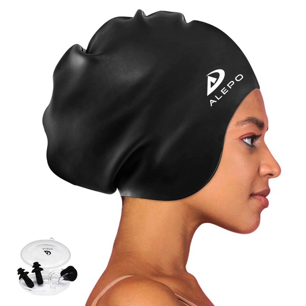 Alepo Extra Large Swim Cap for Women Men, Durable Silicone Swimming Hat with Ear Protection, Unisex Adults Bath Swimming Caps for Long Thick Curly Hair & Dreadlocks Braids Weaves Afro Hair (Black)