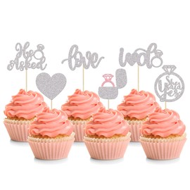 24 piezas de decoración para cupcakes, diseño de corazón con purpurina plateada para despedidas de soltera y magdalenas con texto en inglés "He Asked She Said Y", decoración de tartas para bodas, compromisos, despedidas de soltera, fiestas, suministros d