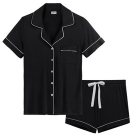 Ladies Soft Comfy Jersey Knit Button Down/Up Short Sleeve Pajama/Pj Shorts Set(Black,XXL)