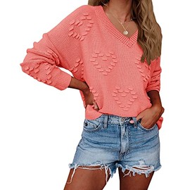 Tutorutor Womens Cute Heart Love Print Sweater Tops Oversized V Neck Dot Ball Loose Knitted Spring Jumper Pullovers