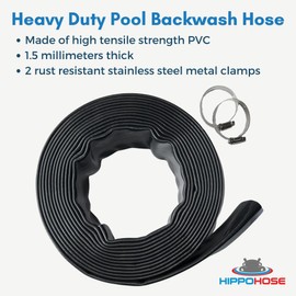 Pool Backwash Hose (2" Diameter) - 25 Foot Reel - (1.5mm Thick) Extra Heavy Duty Pool Backwash Hose - Includes 2 Clamps - Burst Resistant, Weather & Chemical Resistant, Lay for Easy Roll Up