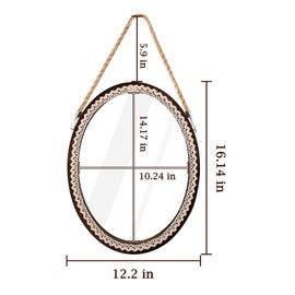 OKSQW 16 Inch Oval Wall Mirror Lace Frame Art Decorative Rustic Farmhouse Wooden Mirror Hanging Mirror with Rope for Entryway Bedroom Living Room Bathroom