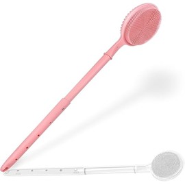 Silicone Back Scrubber for Shower - Adjustable Extendable (40-60 cm / 15.7"-23.6") Long Handle Body Brush with Foam-Generating Dual-Sided Heads for Men & Relaxing Massage Exfoliation （Pink