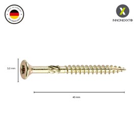 Innonexxt® Premium chipboard screws, milling ribs, cut tip - yellow, galvanised patio, wood and universal screws made in Germany, internal serration.