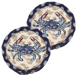 Nautical Drink Coasters, Braided Jute with Blue Crab Design, Woven Coaster Set for Mugs and Cups, 5 Inches (Pack of 2)