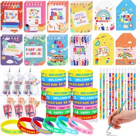 Crtiin 120 Pack Welcome Back to School Gift Set Include Notebooks Pencils Silicone Bracelets Cards with Drawstring Bags First Day of School Gifts for Classroom Party Goodie Bags Fillers