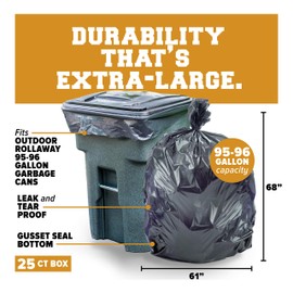 Plasticplace 95-96 gallon Garbage Can Liners │ 3 Mil │ Black Heavy Duty Trash Bags │ 61” x 68”, 25 Count (Pack of 1)
