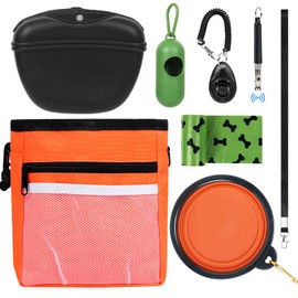 RINWUNS Dog Treat Pouch Pet Training Kit - Silicone Treat Bag Magnetic Closure, Puppy Training Clicker, Dog Whistle, Dog Water Bowls, Poop Bags & Holder, 4 Ways to Wear Walking Fanny Pack - Orange