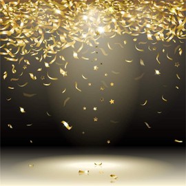 Laeacco 8x8ft Golden Confetti Ribbon Birthday Backdrop Abstract Black Stage Carnival Victory Party Award Ceremony Photo Backdrop Christmas New Year Eve Party Graduation Party Prom Photo Studio Prop