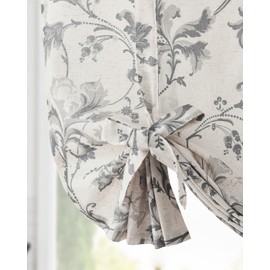 jinchan Tie Up Valance Floral Linen Gray Valance for Windows Farmhouse Valance 54 Inch Damask Printed Short Window Treatment Adjustable for Kitchen Living Room Light Filtering 1 Panel Grey on Beige