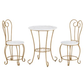 JOIN IRON 2-Piece Bistro Dining Set for Indoor Use, Marble-Look Tabletop with Gold Metal Frame, Vintage French Café Style Round Table and Chairs for Kitchen, Breakfast Nook, Small Apartment