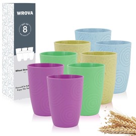 Wrova Wheat Straw Cups 12oz set of 8 with Etched Pattern - Alternative Plastic Cups Dishwasher Safe and Microwave Safe - Plastic Drinking Cups Unbreakable for Outdoors,Yellow-Green-Blue-Purple