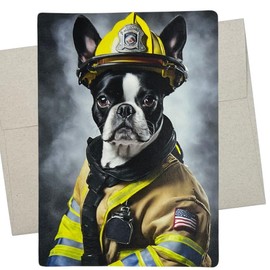 Boston Terrier Firefighter Card (7X5 Inch and Blank Inside for All Occasions) also for fire academy graduation or retirement or hero fireman birthday card - 979