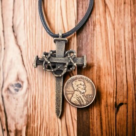 Forgiven Jewelry Nail Crown of Thorns Cross Antique Brass Finish (Lgaa4b)  Black Cord Necklace