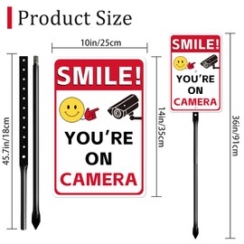 14 X 10 Inches Large Smile You're on Camera Video Surveillance Metal Aluminum Sign with 36 inches Heavy Duty Steel Stake for Home, Yard, Driveway Alert, 2 pre-drilled holes, Includes Matching Screws & Wrench