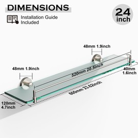 KOCOK 24 Inch Glass Bathroom Shelves,Brushed Nickel Floating Shelves for Wall Rectangular Modern Stainless Steel Glass Shelf for Bathroom Shelves Wall Mounted