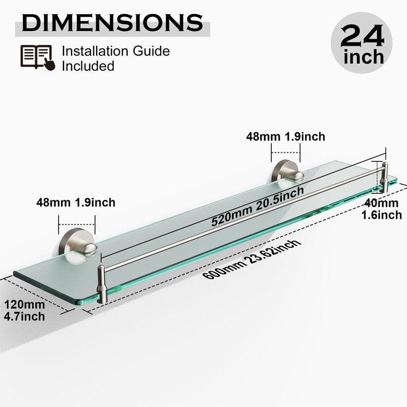 KOCOK 24 Inch Glass Bathroom Shelves,Brushed Nickel Floating Shelves for