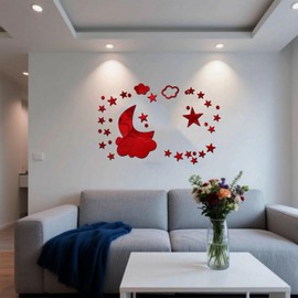 Yodilala 月 雲 アクリルミラー ウォールステッカー 寝室ホーム 壁装飾ミラー ウォールステッカ 自己粘着 レッド（2セット）
