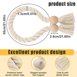 Yuyueda Pack of 4 Magnetic Curtain Tiebacks, Curtain Holders, Curtain Holders, Wooden Boho Curtains, Curtain Tiebacks, Cotton Rope, Tiebacks for Curtains, Home Office Curtains, Decoration