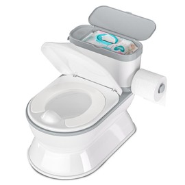 2-in-1 Toddler Realistic Flushing Potty Trainer, with Wipes Storage, Flushing Sounds & Toilet Paper Holder, Easy to Clean, Pink Potty Chair - Color: Grey