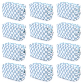 SOIDRAM 12PCS Checkered Makeup Bag Preppy Cosmetic Bag Bulk Blue Makeup Pouch Personalize Travel Toiletry Bag Organizer Cute DIY Makeup Brushes Storage Bag for Women