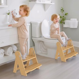 Toddler Step Stool, Wooden Step Stool for Kids, Foldble Potty Stool with Handles and Non-Slip Pads, 2 Stepping Stools Toddler Stool for Bathroom Sink Kitchen Bedroom Counter (Natural)