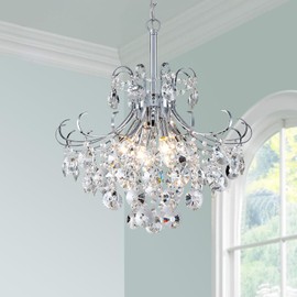 peskoe 18" Modern Crystal Chandelier, 4-Light Pendant Ceiling Lamp for Dining Living Room Bedroom Kitchen, Chrome Hanging Light Fixture