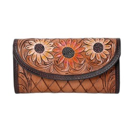 Merbaa Handtooled Leather Brown Detail Trifold wallet for Women-Multi Credit Card Slots, Leather Laced Detail wallet, Wristlet Clutch Wallet valentines day gifts