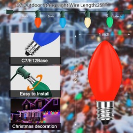 Outdoor Christmas Lights 25FT C7 Vintage Christmas String Lights with 27 Multicolor Ceramic Bulbs, Hanging Outdoor & Indoor String Lights for Christmas Garden Patio Backyard Party Decor