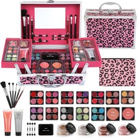 Anpro Estuche De Maquillaje Doble Plegable Leopord Todo En Uno Con Set De Maquillaje Profesional Para Adolescentes. Incluye Kit Completo De Inicio