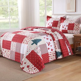 MarCielo Reversible Patchwork Christmas Quilt Set 3 Piece, 2-Sided Holiday Bedspread with Pillow Shams, Lightweight Polyester Comforter