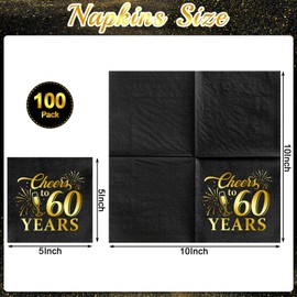 NatNarr 100 Pcs 60th Birthday Napkins, 3-Ply Disposable Cheers to 60 Years Cocktail Napkins 60th Birthday Decorations Black and Gold Anniversary Beverages Napkins for Wedding Anniversary Birthday